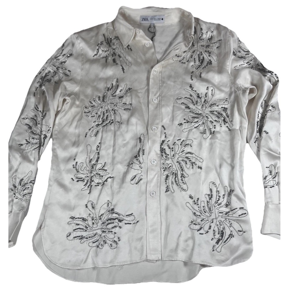 Zara Shirt Womens Small White Beaded Sequin Floral Satin Button Up Party Top